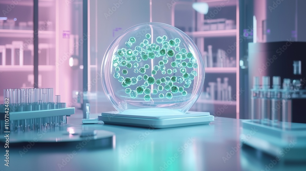 Poster futuristic lab with molecular structures symbolizes cancer prevention through precise biohacking.