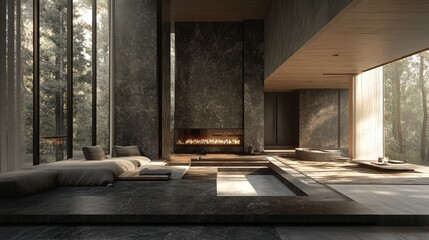 Modern kitchen design featuring dark stone and wood textures with handmade ceramics and oxidized metal fixtures