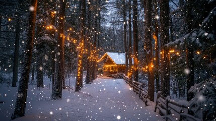 Cozy winter cabin glowing with holiday lights surrounded by snow-covered trees, creating a magical and serene atmosphere in a tranquil forest setting