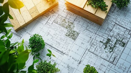 Blueprints with plants and wood symbolize eco-friendly construction.