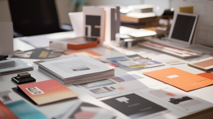 Desk with brochures, flyers, and digital devices; symbolizes creativity and marketing strategy.