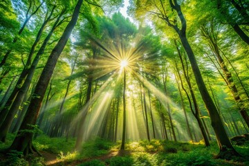Obraz premium Sunlight Beams Through Lush Forest Canopy Creating a Vibrant Dance of Light and Shadow Among the Green Foliage in a Serene Natural Setting