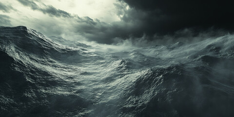 A dramatic stormy ocean with towering waves and a dark, moody sky. The turbulent water creates a powerful and intense atmosphere.