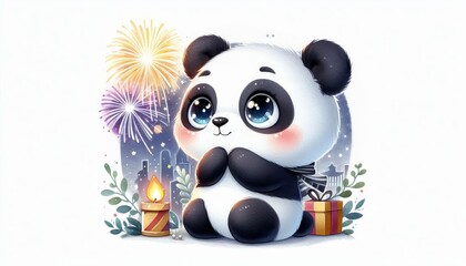 Fototapeta premium Cute panda with gift, candle, and fireworks in the background. Festive holiday celebration concept. Watercolor design for greeting cards