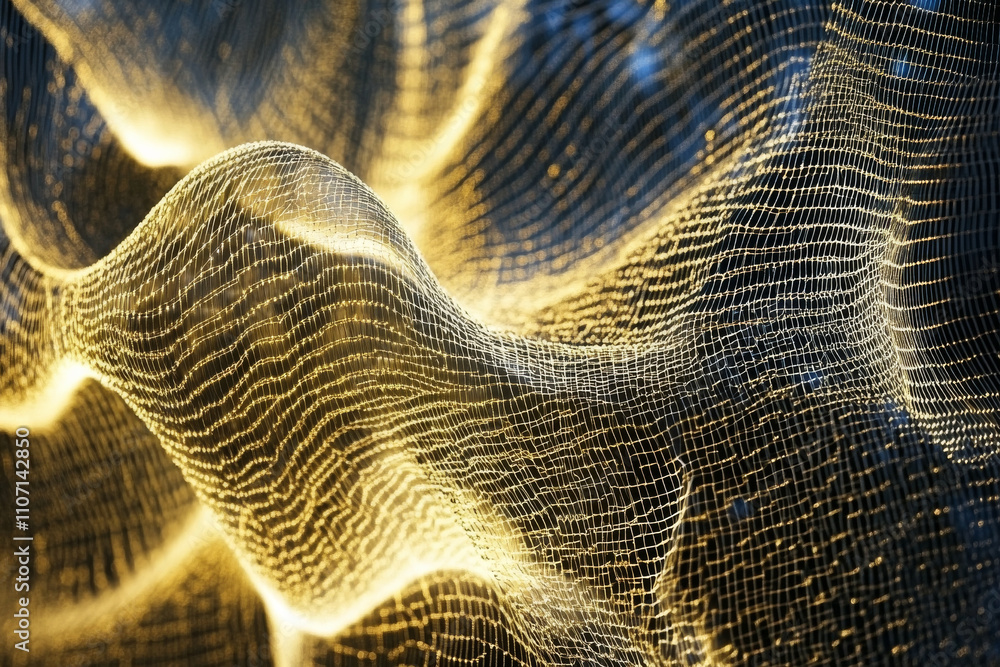 Poster abstract glowing mesh texture, intricate golden threads forming dynamic wave patterns, futuristic an