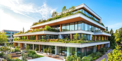 Fototapeta premium A modern eco-building with rooftop gardens and sustainable design elements.