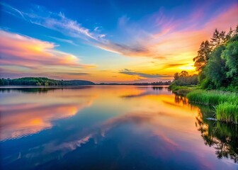 Fototapeta premium A tranquil lakeside at dusk, where soft waves reflect fading light, silhouetted trees embrace serenity, creating a minimalist landscape full of peaceful solitude and harmony.