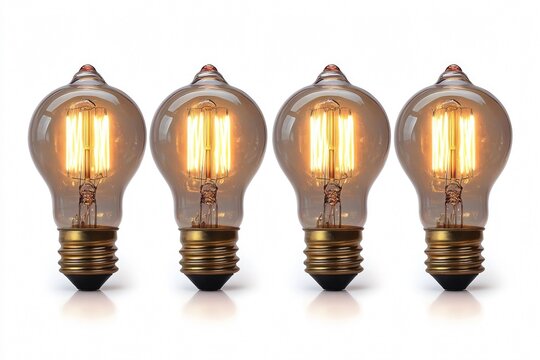 Four lit edison light bulbs with vintage style filaments shining brightly