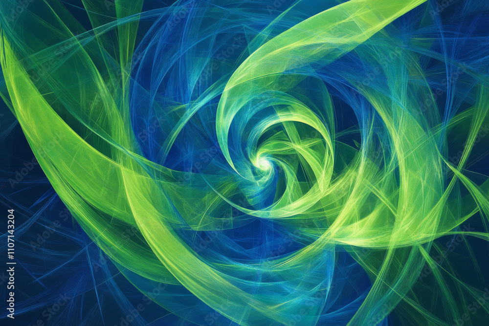 Poster abstract digital swirl texture, bold blue and neon green lines creating dynamic motion, sharp and fu
