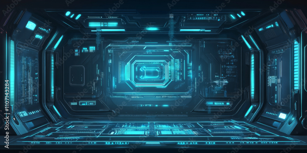 Poster a futuristic digital interface background with glowing holographic elements in blue and cyan. circui