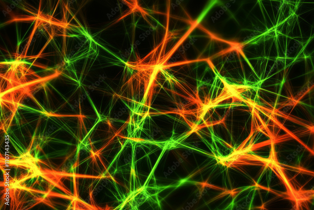 Poster abstract glowing web pattern, intricate neon green and orange lines forming dynamic motion, sharp an