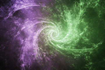 Abstract cosmic spiral texture, dynamic purple and green gradients radiating energy, celestial and vibrant