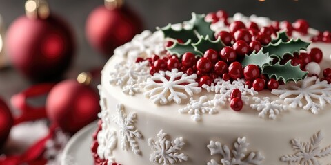 Delicious christmas cake decorated with snowflakes and holly leaves