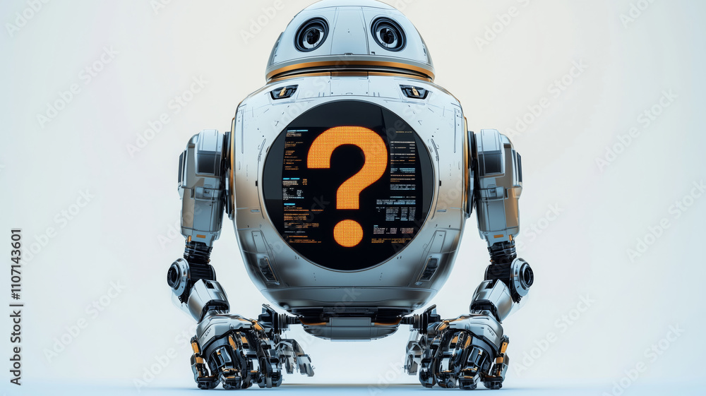 Poster Curious robot with question mark symbol sparks wonder in futuristic design
