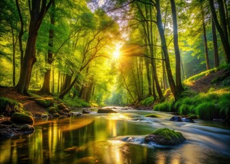 Fototapeta premium A tranquil stream flows through a serene forest, sunlight filtering through lush leaves, creating a peaceful atmosphere for relaxation amidst nature's beauty and harmony.