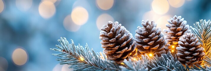 Snowy pine cones resting on a pine branch with sparkling christmas lights