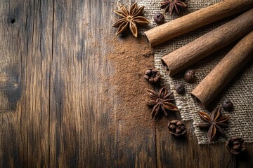 Cinnamon sticks, star anise and ground cinnamon creating warm autumnal atmosphere on rustic wooden table