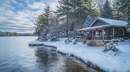 Obraz premium Cozy winter cabin by the lake surrounded by snow-covered trees, showcasing holiday decorations and a serene frozen landscape under a bright sky