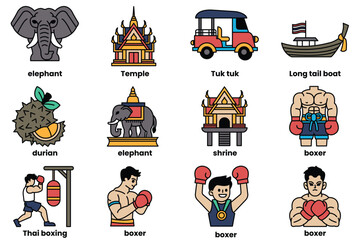 Set of illustrations in the concept of Thai culture in a line style