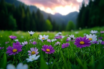 Fototapeta premium Vibrant Wildflowers in Mountain Meadow at Sunset
