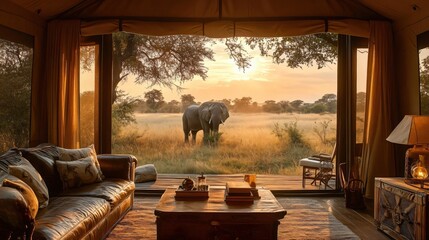 Elephant grazing at sunset viewed from luxury safari tent
