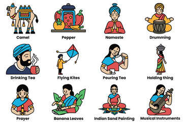 Set of illustrations in the concept of Indian culture in a line style