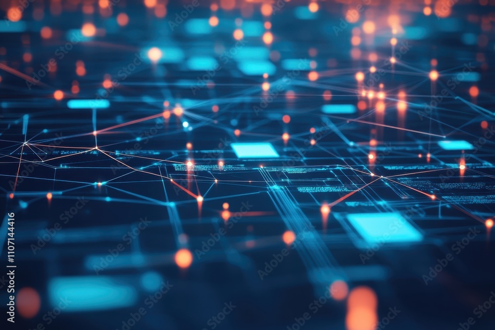 Poster exploration of digital network connections and data flow in a futuristic landscape