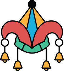 A cartoonish red and blue hat with bells hanging from it