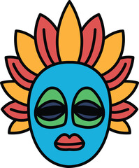 A colorful mask with a blue face and green eyes