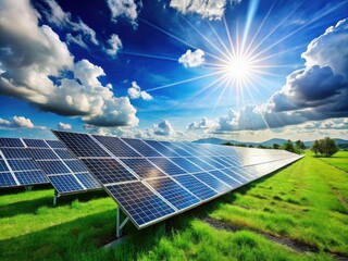 A vast solar panel array stretches under a bright blue sky, dotted with fluffy clouds, showcasing renewable energy and sustainable technology in harmony with nature.