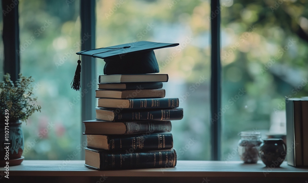 Poster a graduation cap rests atop a stack of books by a window.