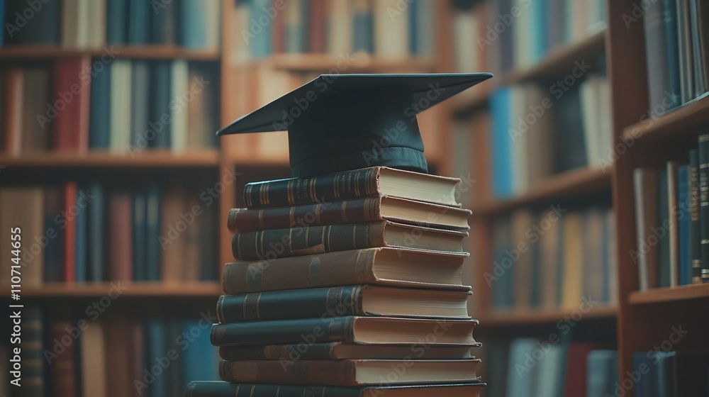 Poster A graduation cap rests atop a stack of books in a library setting.