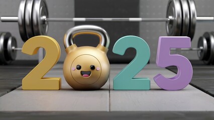 2025 with a golden kettlebell in a gym setting, fitness and health concept, modern style, ideal for sports events and promotions
