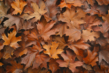 Fototapeta premium Textured autumn leaves, intricate orange and brown tones with visible veins, warm and natural