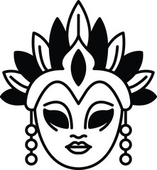 A woman's face with a headdress and a mask