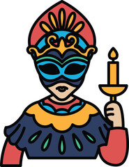 A colorful mask with a candle in its hand