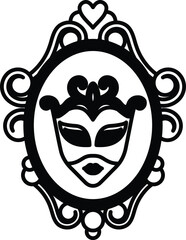 A mask with a black and white face is shown in a frame