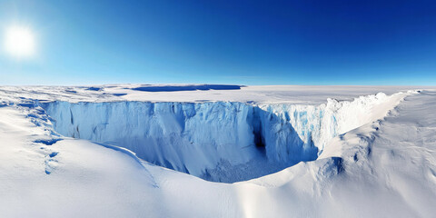 A dramatic glacier scene with jagged ice formations, deep blue crevices, and a clear arctic sky. The stark and powerful environment captures the beauty of frozen landscapes.
