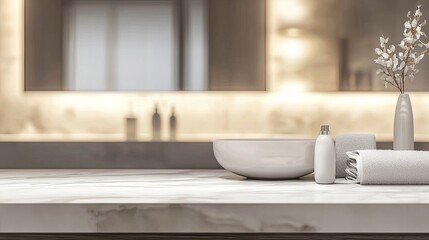 Fototapeta premium Blurred empty bathroom interior with a marble countertop and modern decor, a mock-up for a product display montage. Blurred background of a beautiful modern boho-style