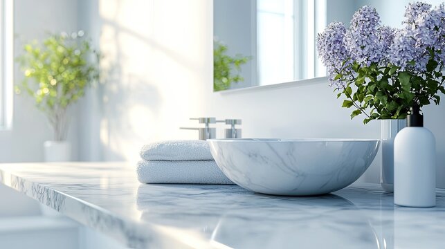 Blurred empty bathroom interior with a marble countertop and modern decor, a mock-up for a product display montage. Blurred background of a beautiful modern boho-style