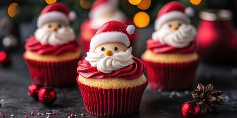 Delicious christmas cupcakes decorated with santa claus face representing holiday cheer
