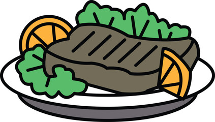 A plate of food with a piece of meat and a few slices of orange