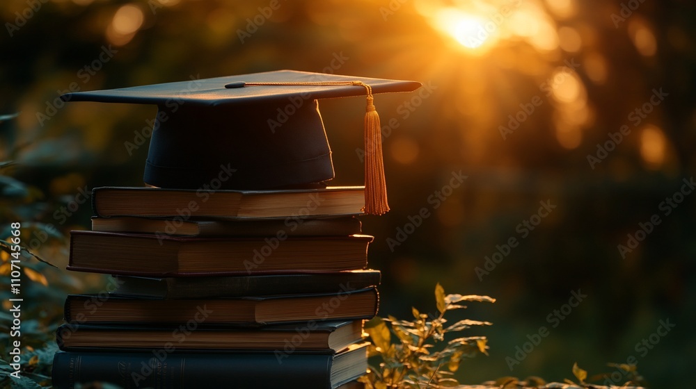 Poster a graduation cap rests on a stack of books with a sunset backdrop.