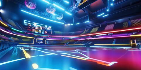 A futuristic sports arena filled with glowing LED lights, high-tech displays, and a dynamic energy. The vibrant atmosphere is ideal for competitive and entertainment themes.