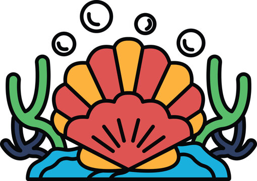 A colorful shell with green and blue stems and a blue background