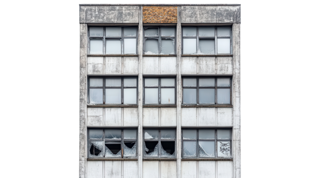 Abandoned building with broken windows and graffiti art