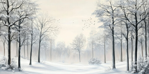 A calm snowy forest with tall, bare trees and a soft blanket of snow on the ground. The sky is pale gray, and the atmosphere is serene, evoking a sense of winter tranquility.
