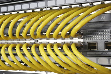 Connecting the Ethernet switch to the patch panel using patch cords with Rj45 tips.
