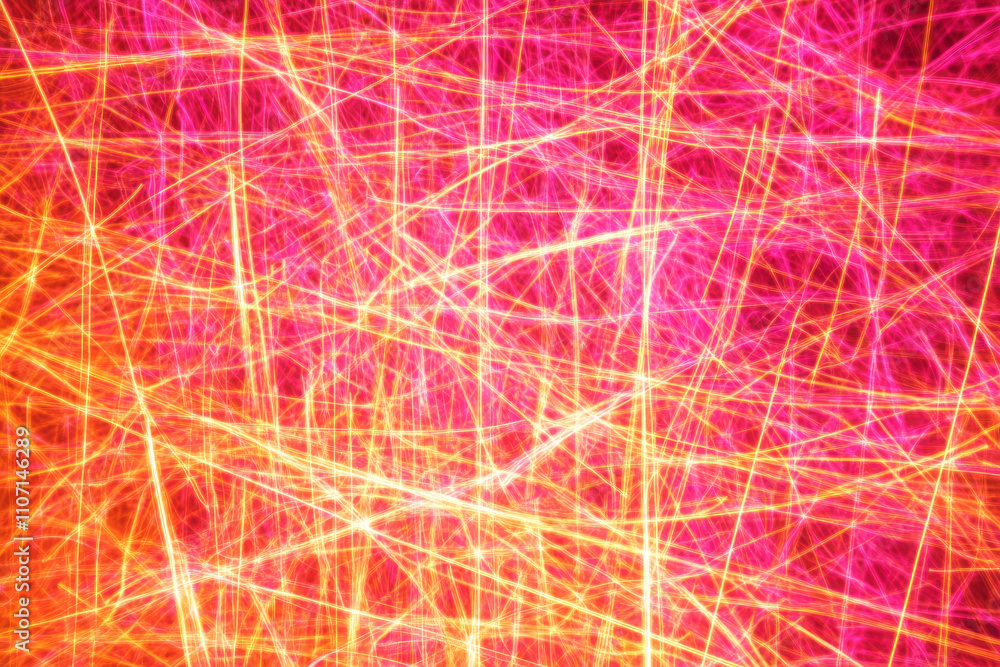 Poster abstract glowing lines pattern, dynamic neon pink and orange trails forming an intricate grid, sharp