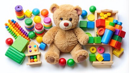 A vibrant collection of toys alongside a soft teddy bear on a white backdrop sparks creative, educational playtime ideas, fostering imagination and fun for children.